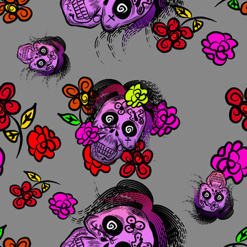 pattern background with mexican skull with colorful flowers