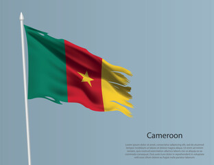 Ragged national flag of Cameroon. Wavy torn fabric on blue background