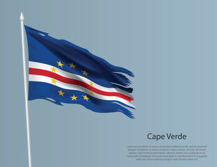 Ragged national flag of Cape Verde. Wavy torn fabric on blue background