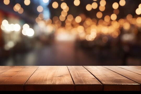 An image of a wooden table set against an abstract, blurred background of restaurant lights, creating an atmospheric ambiance. Created with generative AI tools