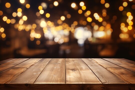 An image of a wooden table set against an abstract, blurred background of restaurant lights, creating an atmospheric ambiance. Created with generative AI tools