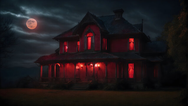 Under the blood-red moonlight, a Halloween house morphs into a scary haunted mansion, its windows aglow with an unearthly radiance. Inside,exuding an aura of paranormal power. 