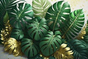Obraz premium Graphic image of a tropical foliage arrangement featuring green Monstera, fern, and Eucalyptus leaves, accented with gold glitter particles. Created with generative AI tools