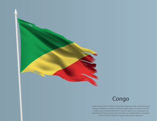 Ragged national flag of Congo. Wavy torn fabric on blue background