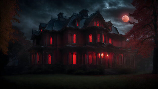 Under the blood-red moonlight, a Halloween house morphs into a scary haunted mansion, its windows aglow with an unearthly radiance. Inside,exuding an aura of paranormal power. 