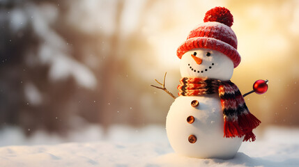 Fototapeta premium Happy little snowman wearing red hat and scarf, blurred background with copy space