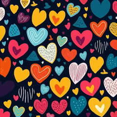 Heart shapes quirky doodle pattern, background, cartoon, vector, whimsical Illustration