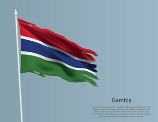 Ragged national flag of Gambia. Wavy torn fabric on blue background