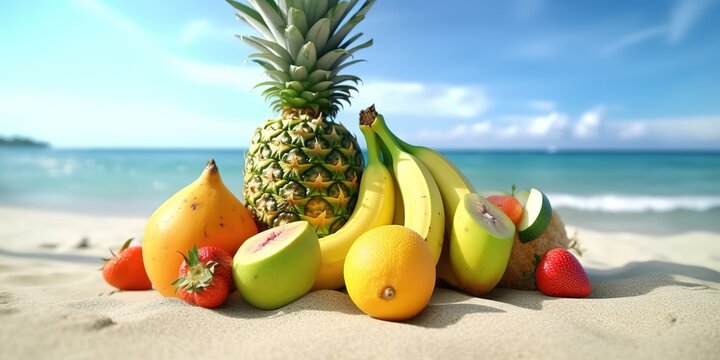 various kinds of fruit in the photo on the beach. generative AI
