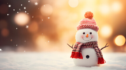 Cute little snowman wearing winter clothes, blurred bright background with copy space