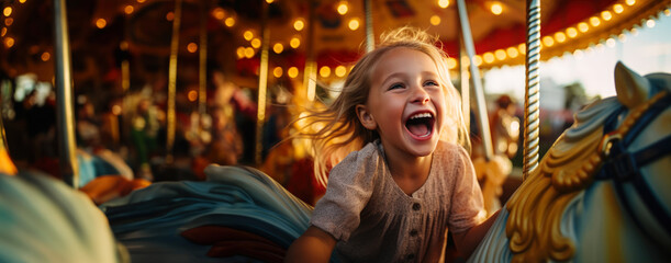 Fototapeta na wymiar A happy young girl expressing excitement while on a colorful carousel, merry-go-round, having fun at an amusement park. With copy space