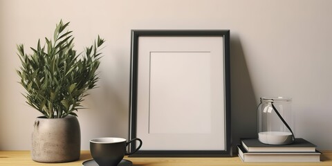 empty photo frame frame leaf decoration on side. generative AI