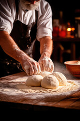 Obraz na płótnie Canvas The chef kneads the dough. Making dough with your hands in a bakery. Generative AI