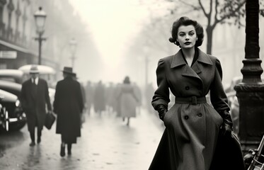 very elegant woman walking through Paris in 1950, monochromatic