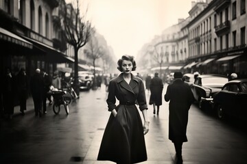 very elegant woman walking through Paris in 1950, monochromatic