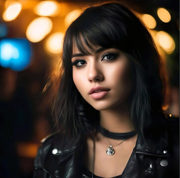 Retrato mujer joven morena rockera con una chaqueta negra