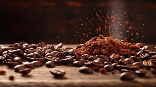 background coffee beans on wooden table