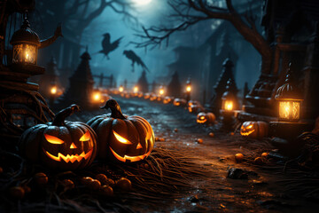 Jack O' Lanterns In Graveyard In The Spooky Night - Halloween Backdrop. Generative Ai.