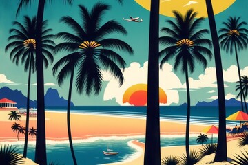 Fototapeta na wymiar tropical beach and sunset tropical beach and sunset sunset at the beach. vector illustration. 