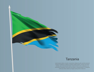 Fototapeta na wymiar Ragged national flag of Tanzania. Wavy torn fabric on blue background