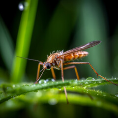 Fototapeta premium Macro, a mosquito sits on the grass. Very beautiful background. Detailed photo.
