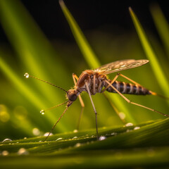 Fototapeta premium Macro, a mosquito sits on the grass. Very beautiful background. Detailed photo.
