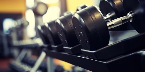 Fototapeta premium Various sizes of dumbbells on a rack in a gym. generative AI