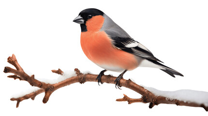 A bullfinch sits on a snow-covered branch. Bird on a branch in winter. Isolated on a transparent background. - obrazy, fototapety, plakaty