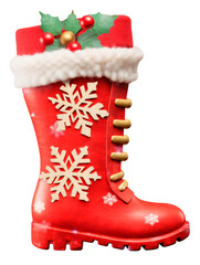 Red Christmas boot with white snowflakes. Isolated on a transparent background.