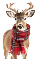 The antlered deer looks straight ahead. Deer in a warm winter checkered scarf. Isolated on a transparent background.