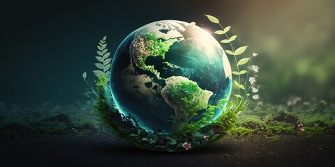Earth Day with the concept of a miniature earth in the middle of a green forest. generative AI - obrazy, fototapety, plakaty