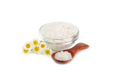 Spa sea salt isolated on white background. Sea salt with chamomile extract in a glass jar on a white background.