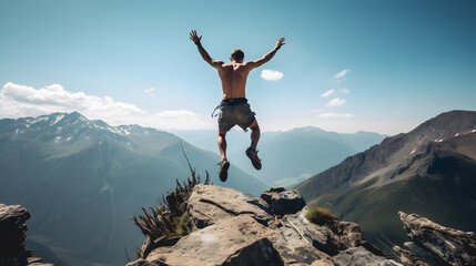 Un homme en train de sauter sur une falaise pendant sa randonnée.  - obrazy, fototapety, plakaty