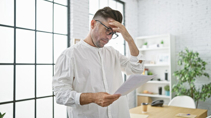 Upset young hispanic office worker, engrossed in grueling paperwork, frantically reading a business document, caught in deep worry at the indoor office room, portrays stress at work.