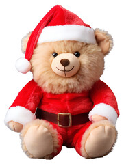 Very cute brown teddy bear dressed as Santa Claus. Isolated on a transparent background.