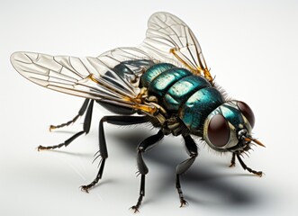 Side view of a metallic blue fly