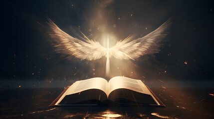 Encontro Celestial: Anjo Guardião e a Bíblia Sagrada, AI Generativa - obrazy, fototapety, plakaty