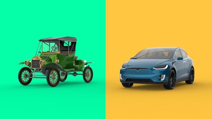 Old vs new technology. Old car and Electric car. in green and yellow background.