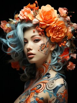 Enchanted woman with floral crown and tattoos