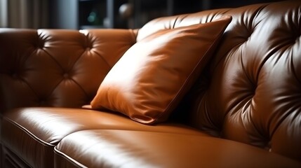 Brown leather sofa and pillows - obrazy, fototapety, plakaty