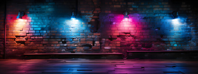 Neon light on brick walls that are not plastered background and texture. Lighting effect red and blue neon background. Ai