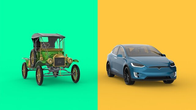 Old vs new technology. Old car and Electric car. in green and yellow background.