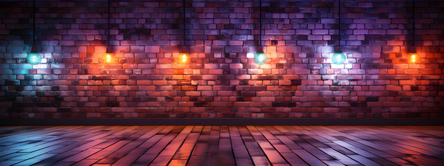 Neon light on brick walls that are not plastered background and texture. Lighting effect red and blue neon background. Ai