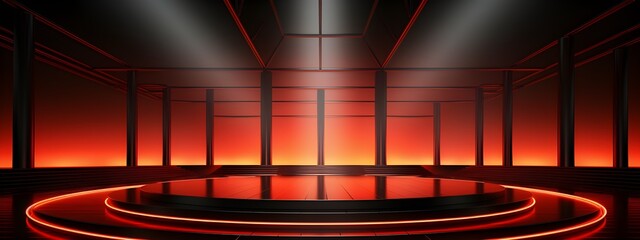 Sci Fy neon glowing lamps in a dark corridor. Reflections on the floor and walls. Empty background in the center. 3d rendering image. Techology futuristic background. Ai