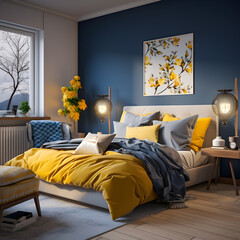 Modern minimalist bedroom design, interior design, comfortable space with yellow and blue color schema
