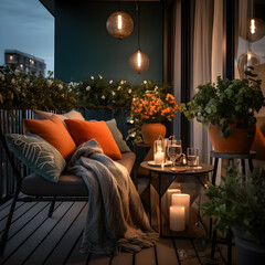 Modern minimalist balcony design, interior decor, comfortable space with orange and deep green color scheme