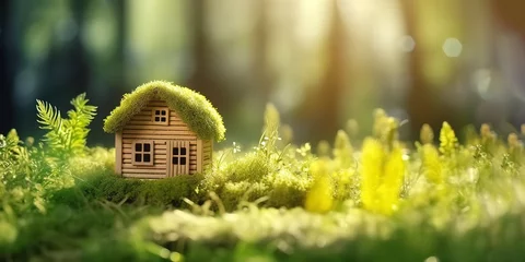 Zelfklevend Fotobehang miniature house photographed in the middle of the forest under the sunlight. generative AI © Nanda