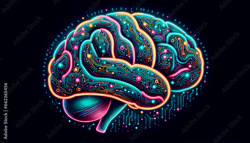 Poster human brain in neon light. artificial intelligence concept. generative ai