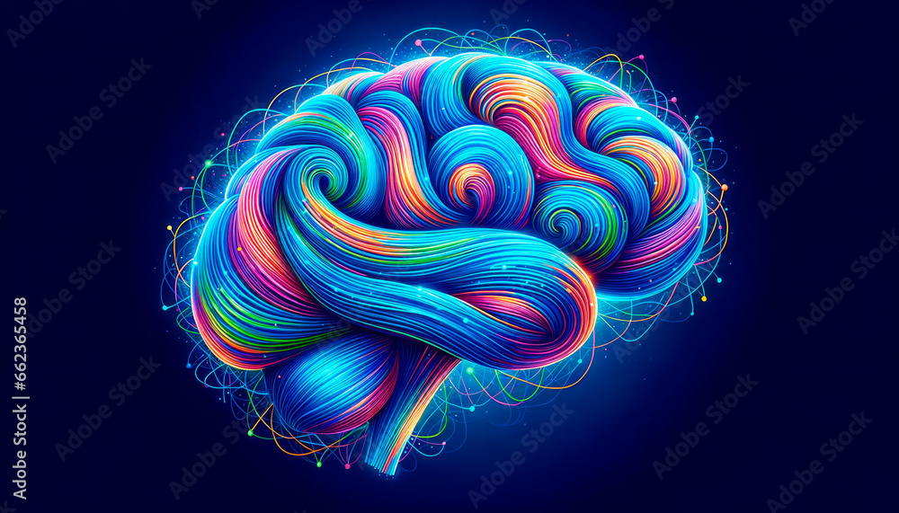 Aufkleber human brain with multicolored lines on a dark background. Generative AI