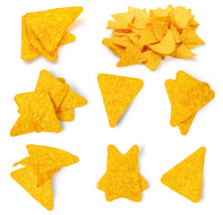 Nachos chips  isolated on white background. Crispy chips  Top view. Flat lay. Creative food layout.